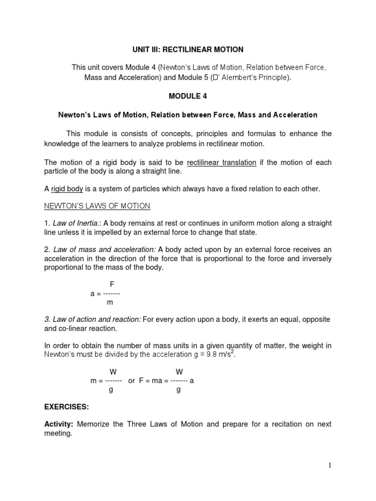 Unit Iii Rectilinear Motion 3. Law of Action and Reaction For Every