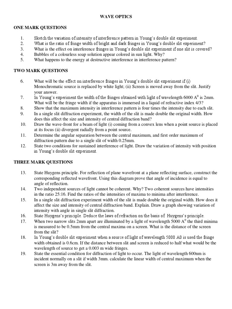 Wave Optics One Mark Questions PDF Diffraction Wavelength