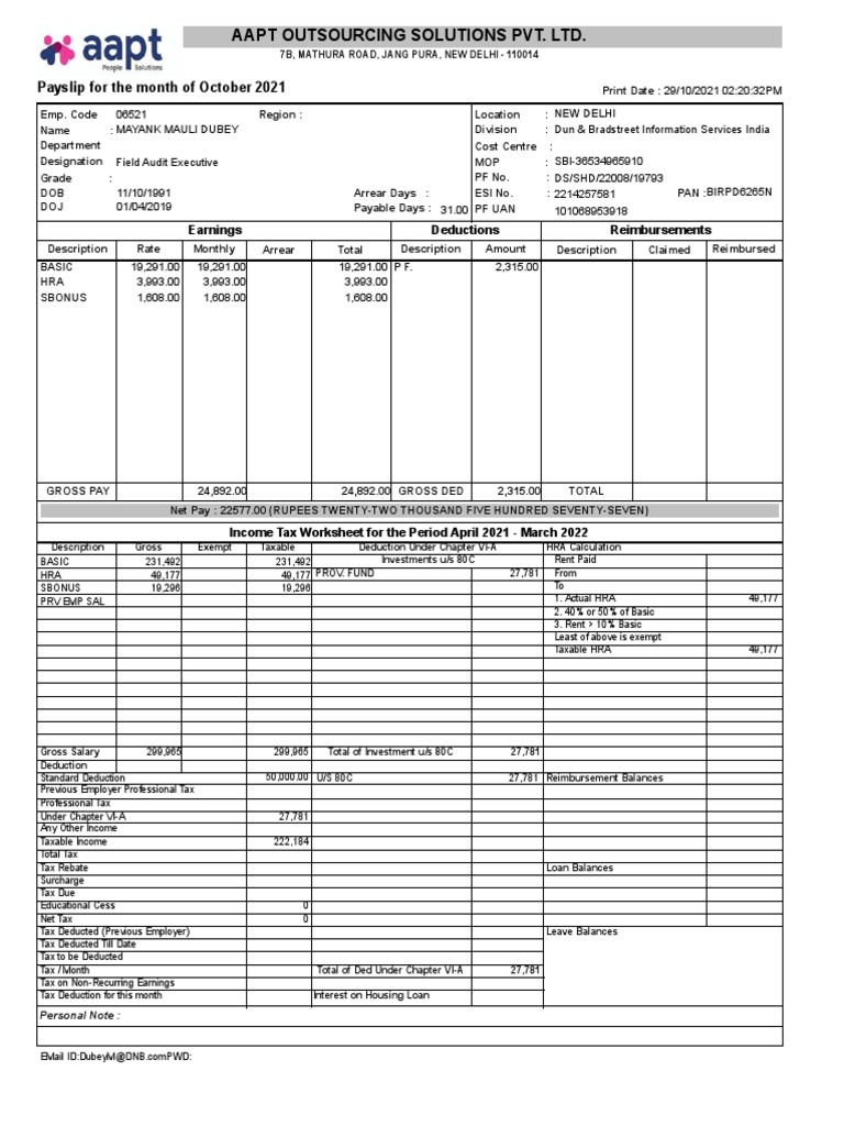 Salary Sleep October PDF Taxes Tax Deduction
