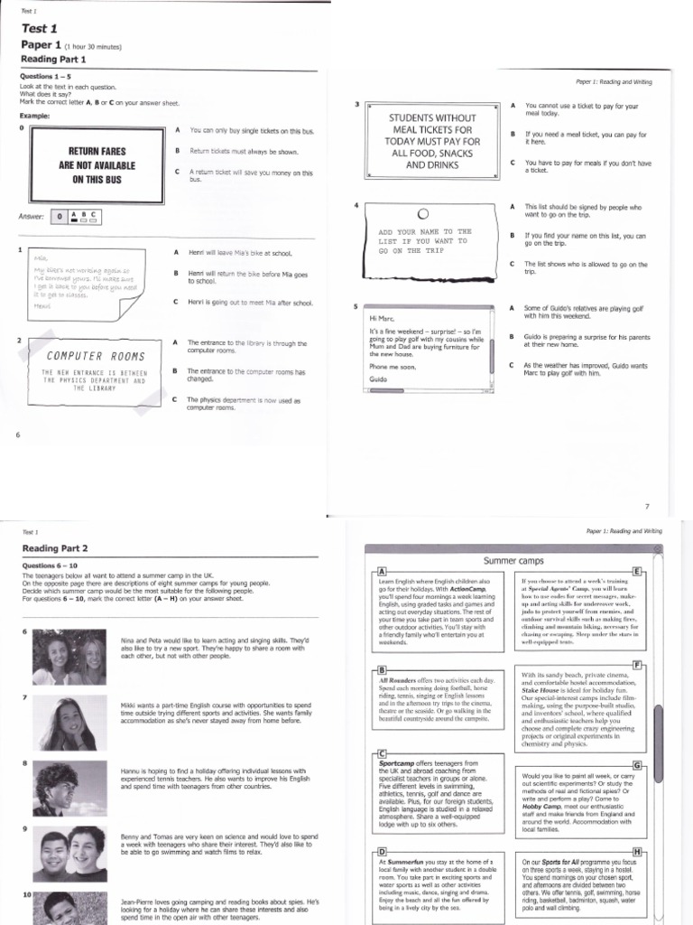 PET Test 1 Reading and Writing