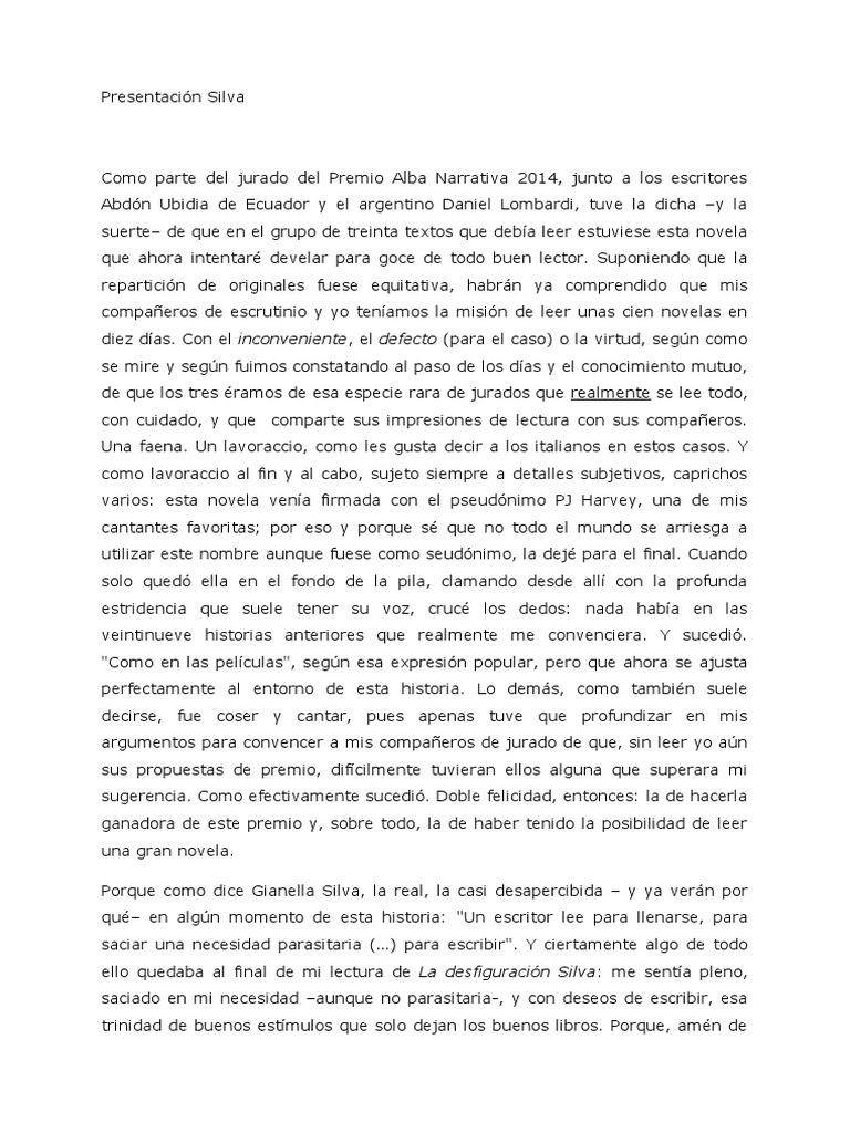 La Desfiguracion Silva PDF Escritores Novelas