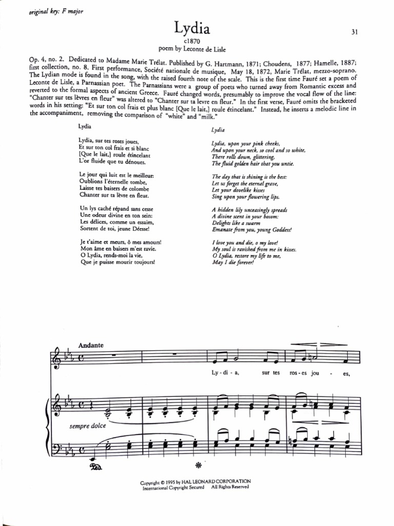 Lydia by Fauré Eb Major PDF