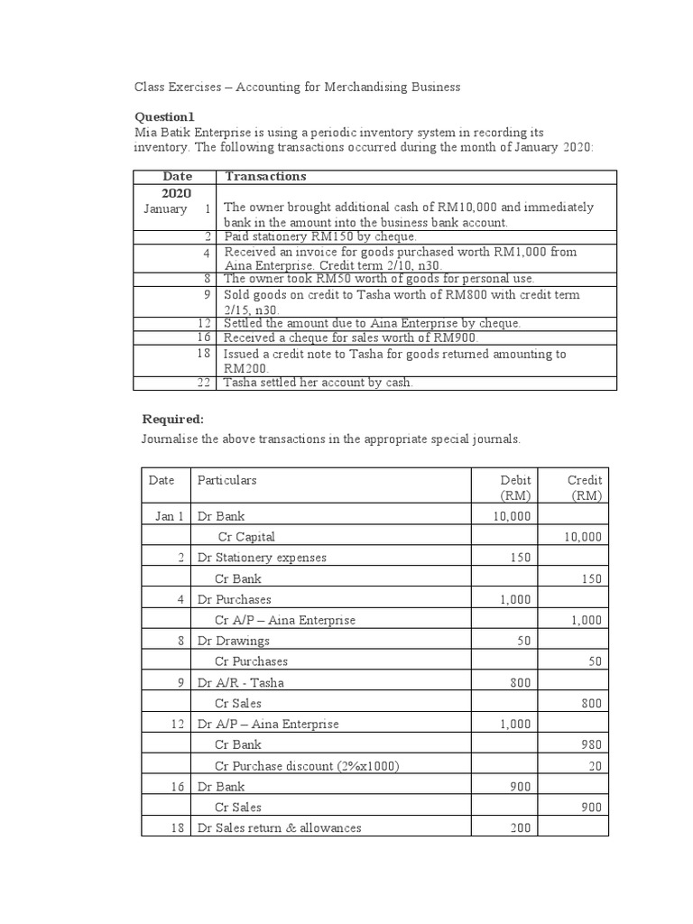 Class Exercises Accounting For Merchandising Business Answers PDF