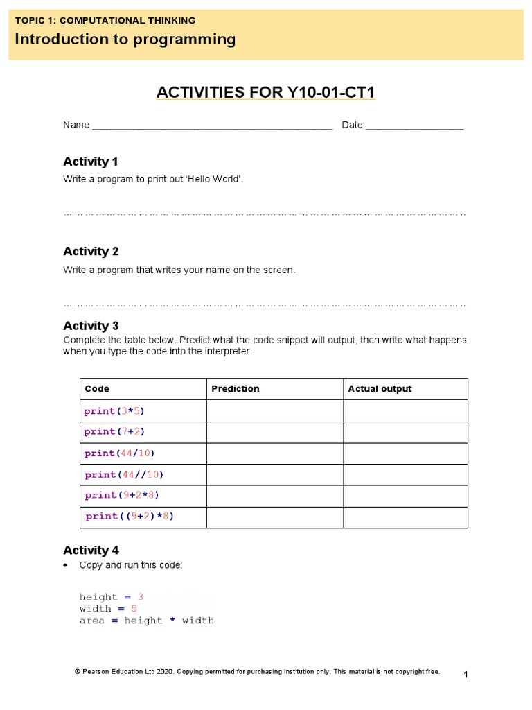 Introduction To Programming Activities For Y10-01-Ct1: Activity 1 | PDF