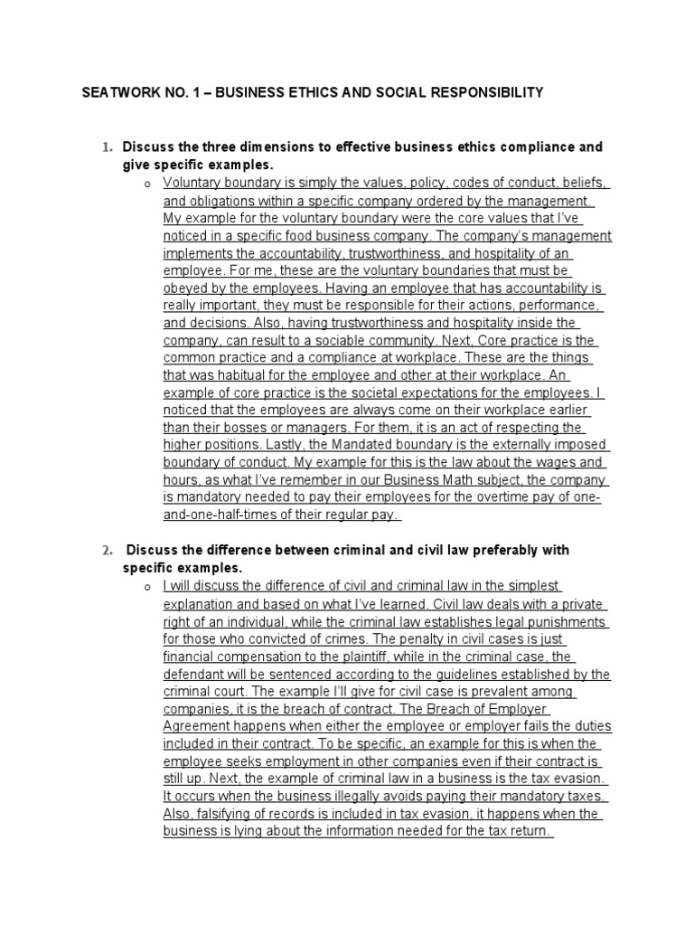 Seatwork No. 1 - Business Ethics and Social Responsibility | PDF ...