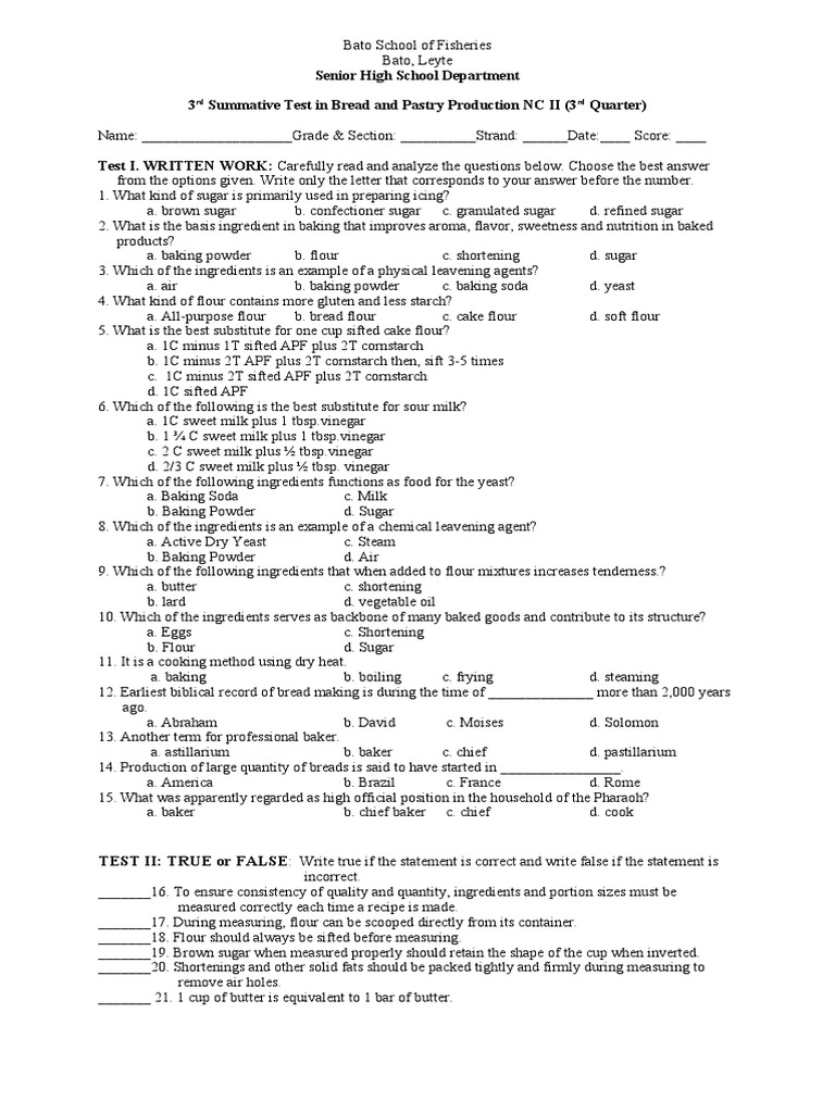 Senior High School Department 3 Summative Test in Bread and Pastry