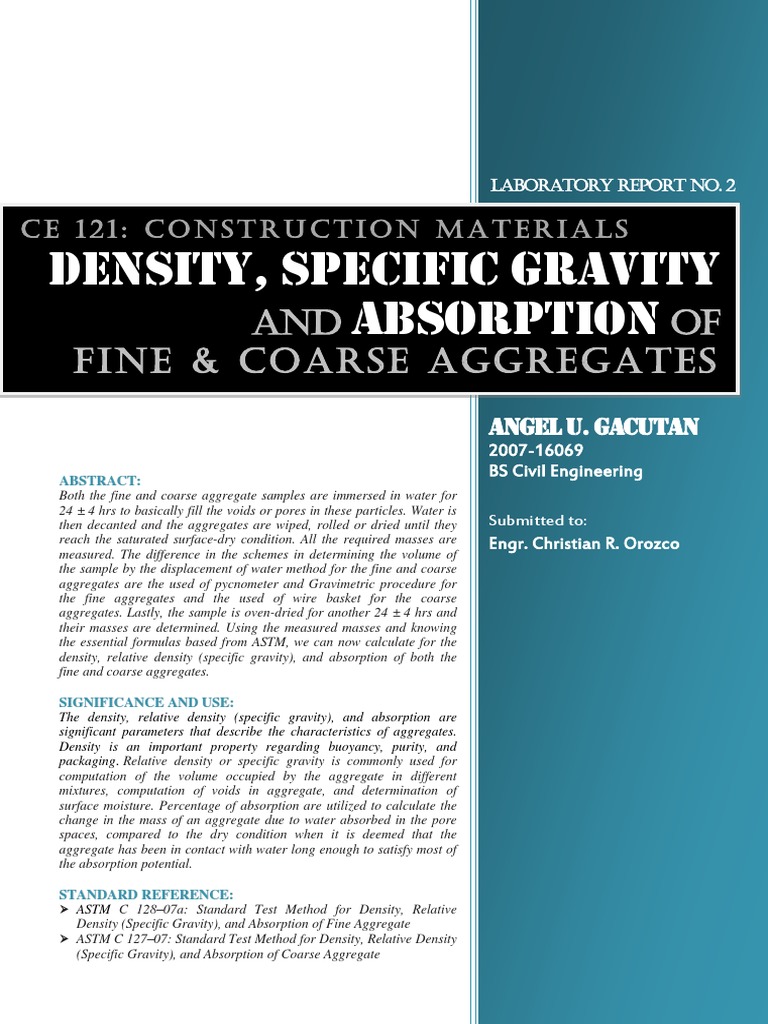 Specific Gravity of Aggregates Lab Report | PDF | Density | Porosity