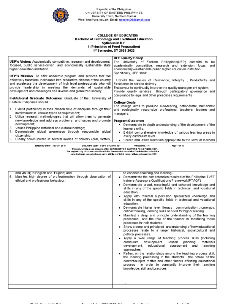 Syllabus in H.E 1 (Principles of Food Preparation) (20202021) PDF