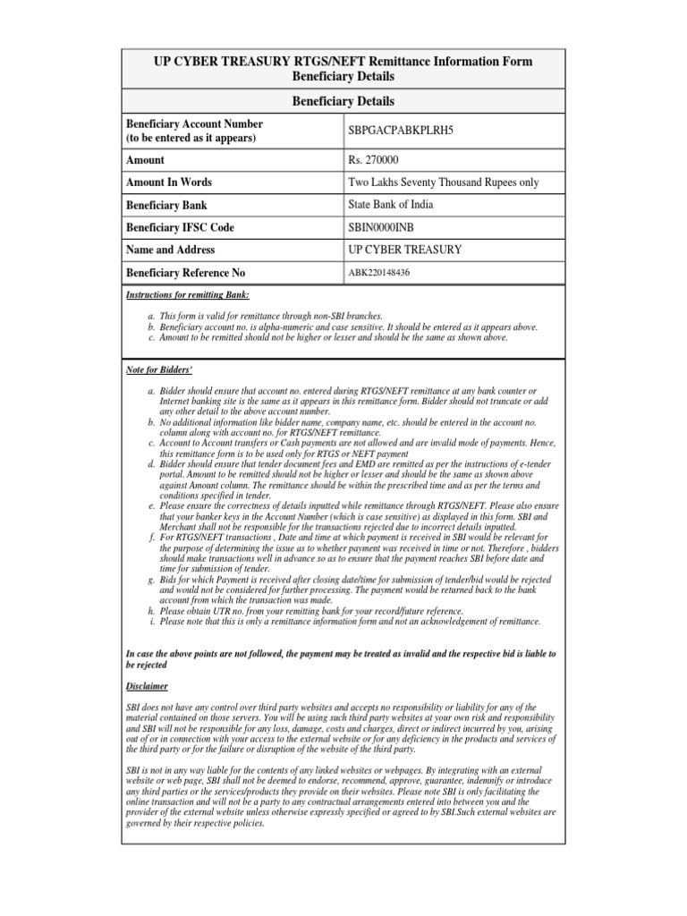 UP CYBER TREASURY RTGS/NEFT Remittance Information Form Beneficiary ...