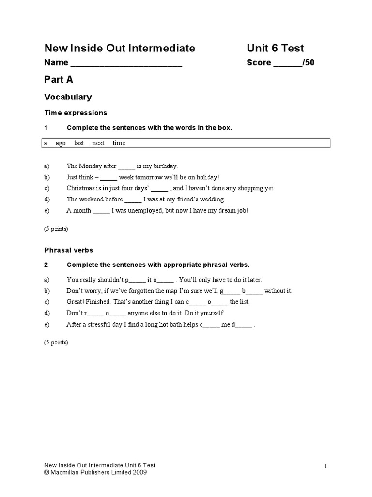 New Inside Out Intermediate Unit 6 Test: Part A | PDF | Cognitive ...