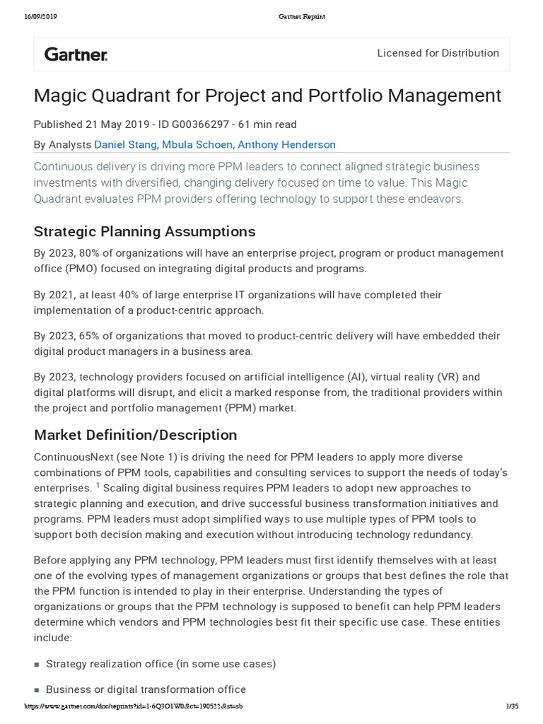 Gartner Magic Quadrant For Project and Portfolio Management May 2019 1 ...