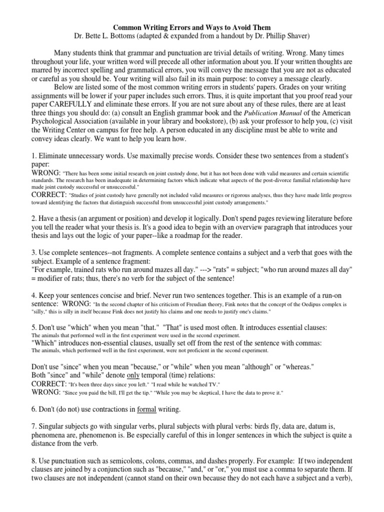 Common Writing Errors and Ways To Avoid Them | PDF | Subject (Grammar ...
