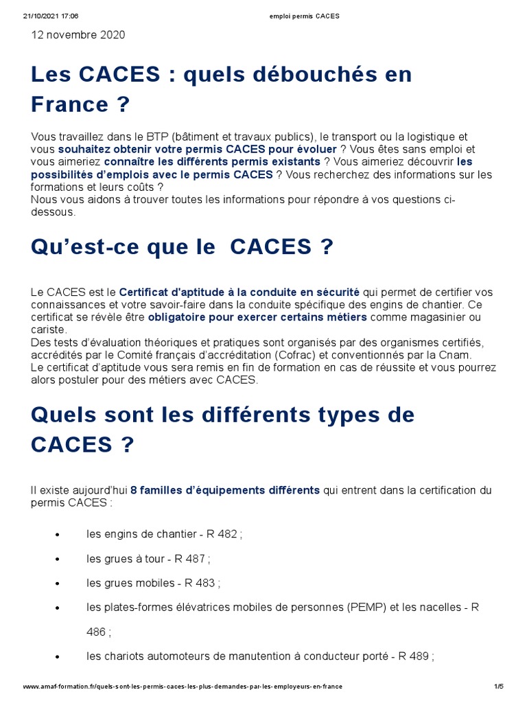 1-Emploi Permis CACES | PDF | Grue (Machine) | Chariot élévateur