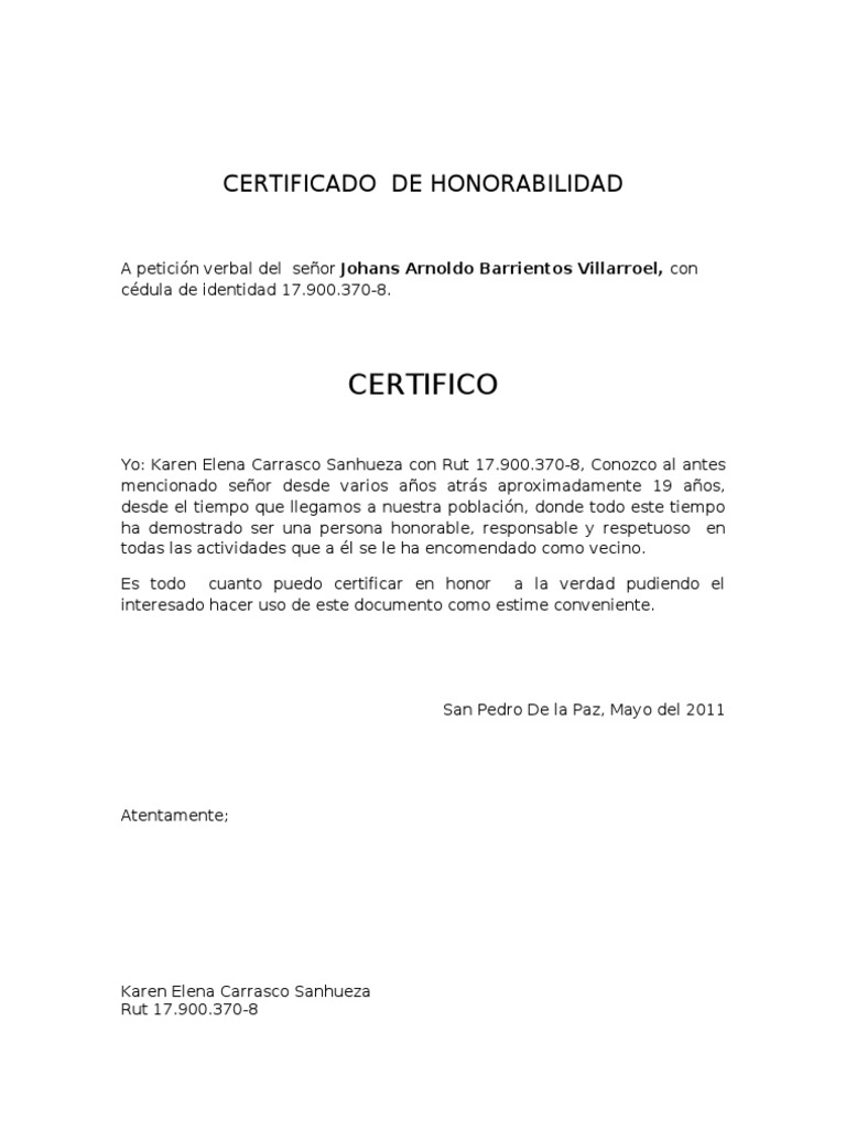 Certificado de Honorabilidad PDF