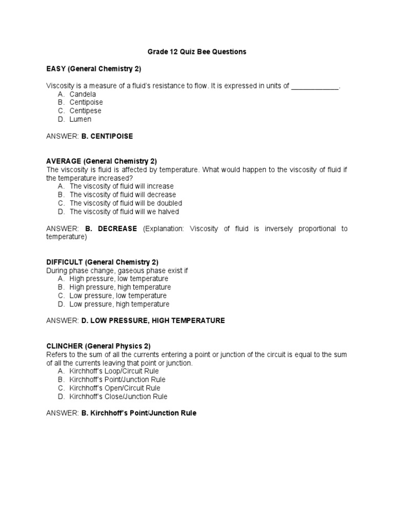 Grade 12 Quiz Bee Questions EASY (General Chemistry 2) PDF