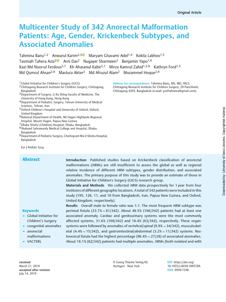 Multicenter Study of 342 Anorectal Malformation Patients - Age, Gender ...