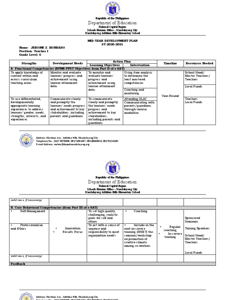 Mid-Year Development Plan 2020-2021 | PDF | Learning | Teachers