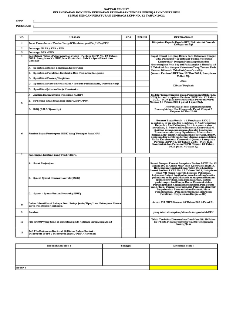 Checklist Pengadaan Tender Konstruksi | PDF