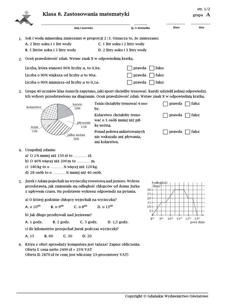 Sprawdzian Matematyka Klasa 8 Dział 1