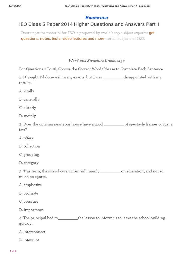 IEO Class 5 Paper 2014 Part 1 PDF