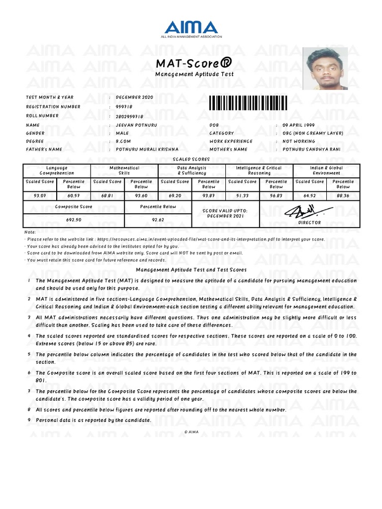 MATScore Management Aptitude Test PDF Percentile Test (Assessment)