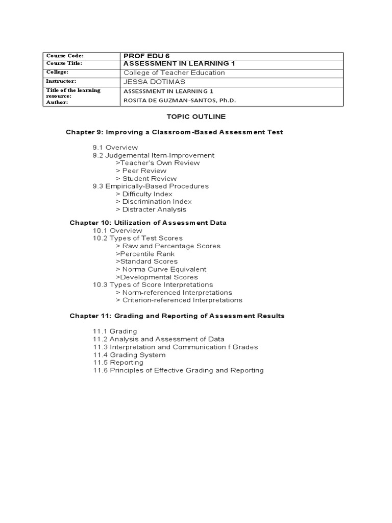 Assessment in Learning 1: Prof Edu 6 | PDF | Educational Assessment ...