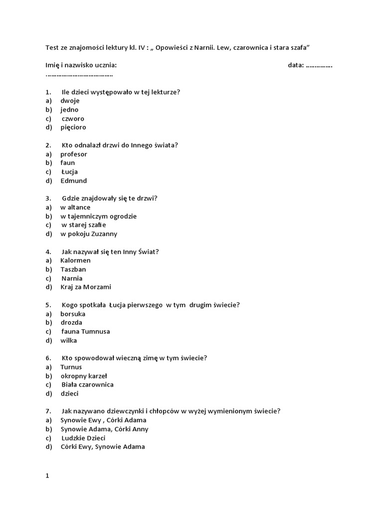 Test ze znajomości lektury Narnia PDF