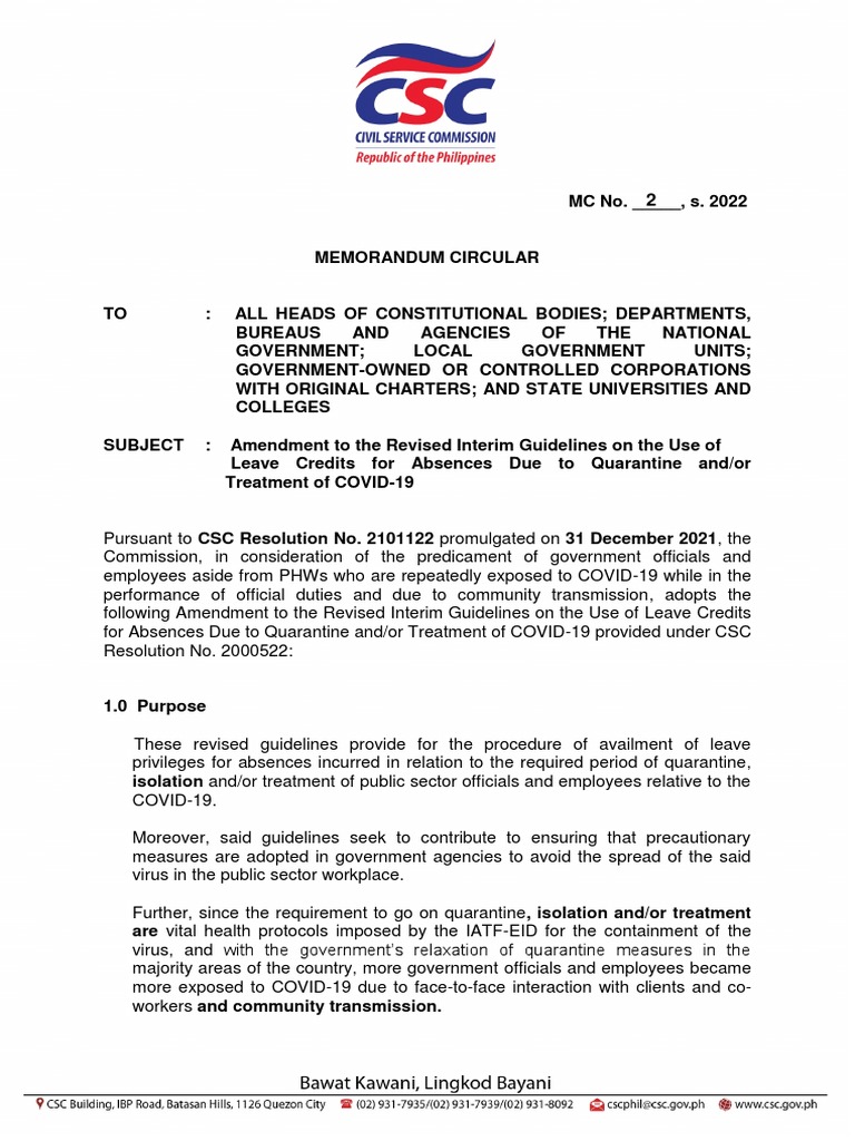 CSC MC No. 02 S. 2022 Amendment To The Revised Interim Guidelines On