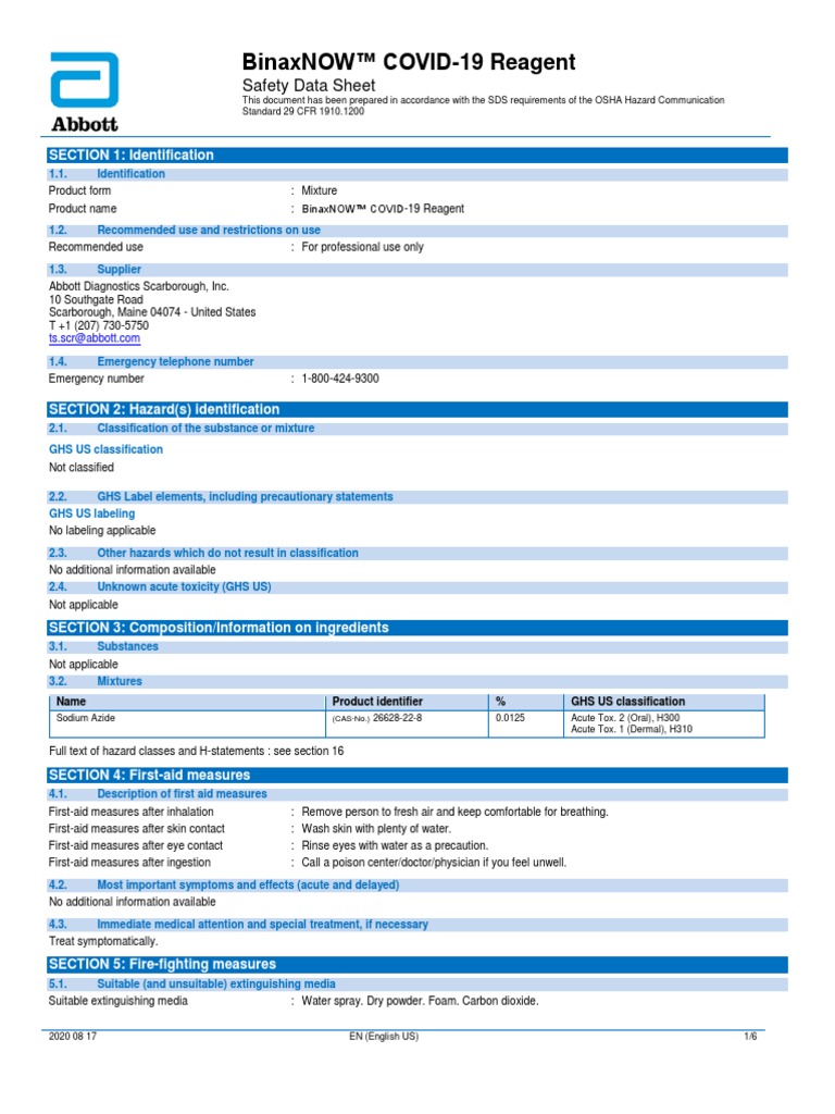 SCRSDS0280 v1 BinaxNOW COVID19 Reagent SDS US 195 4 PDF