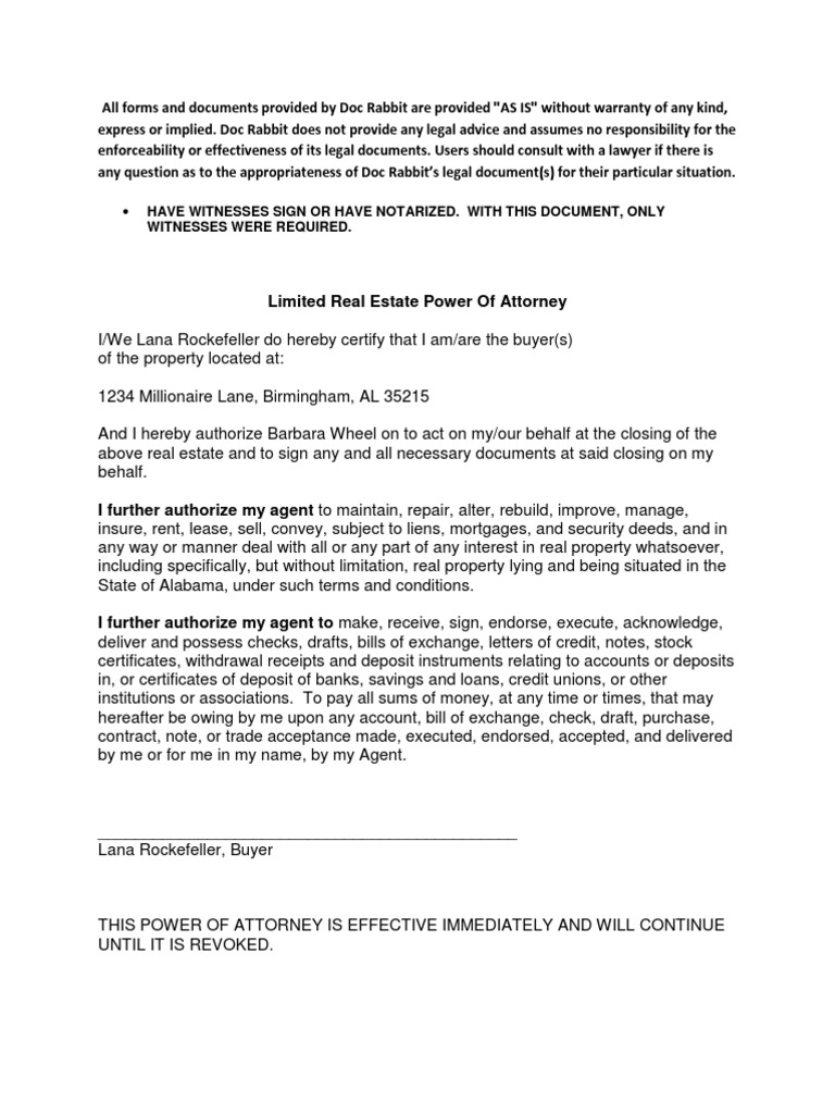 Power of Attorney_Limited Real Estate Closing Power Of Attorney