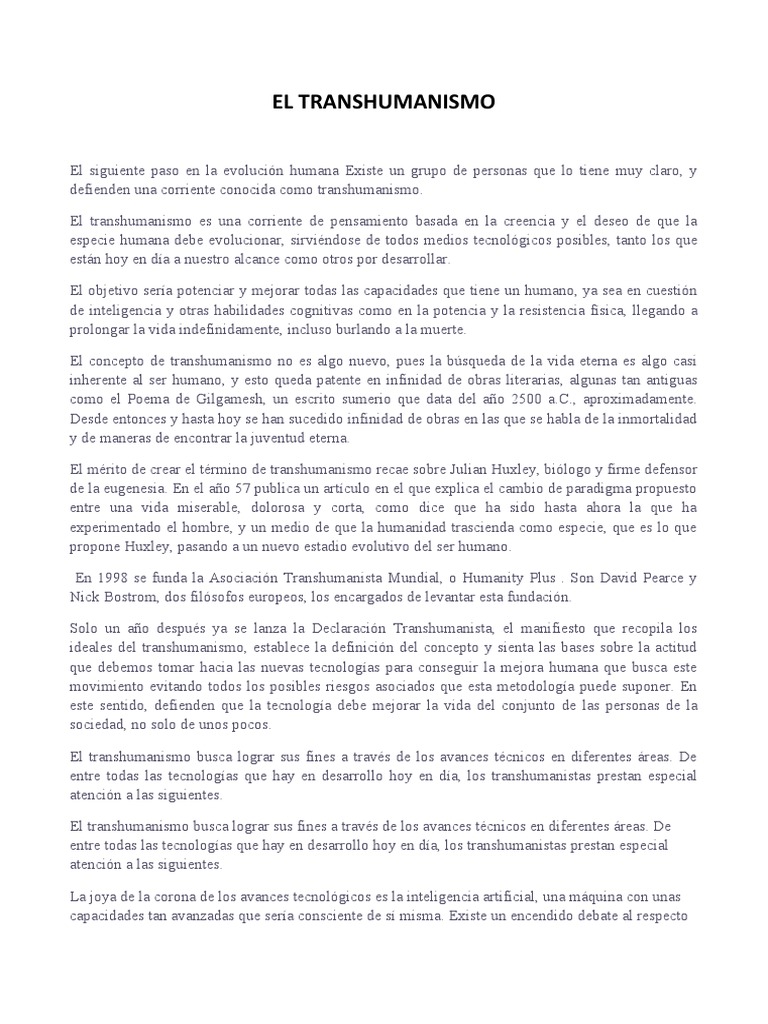 El Transhumanismo PDF Transhumanismo Inteligencia artificial