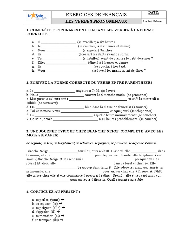 Exercices sur les verbes pronominaux | PDF | Arts du langage et ...