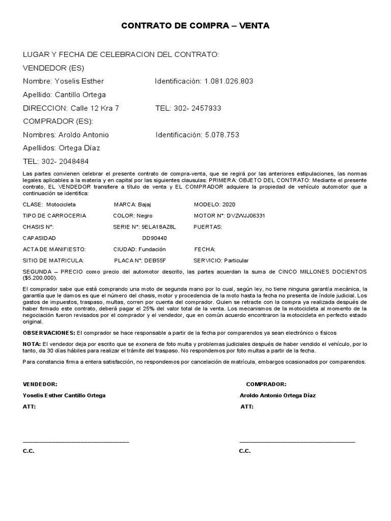Contrato de Compraventa de Motocicleta | PDF | Finanzas y dinero