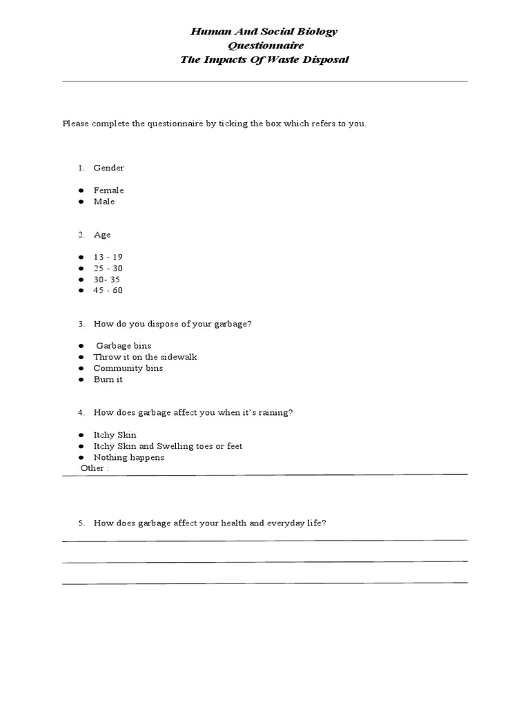Waste Disposal Impact Questionnaire | PDF