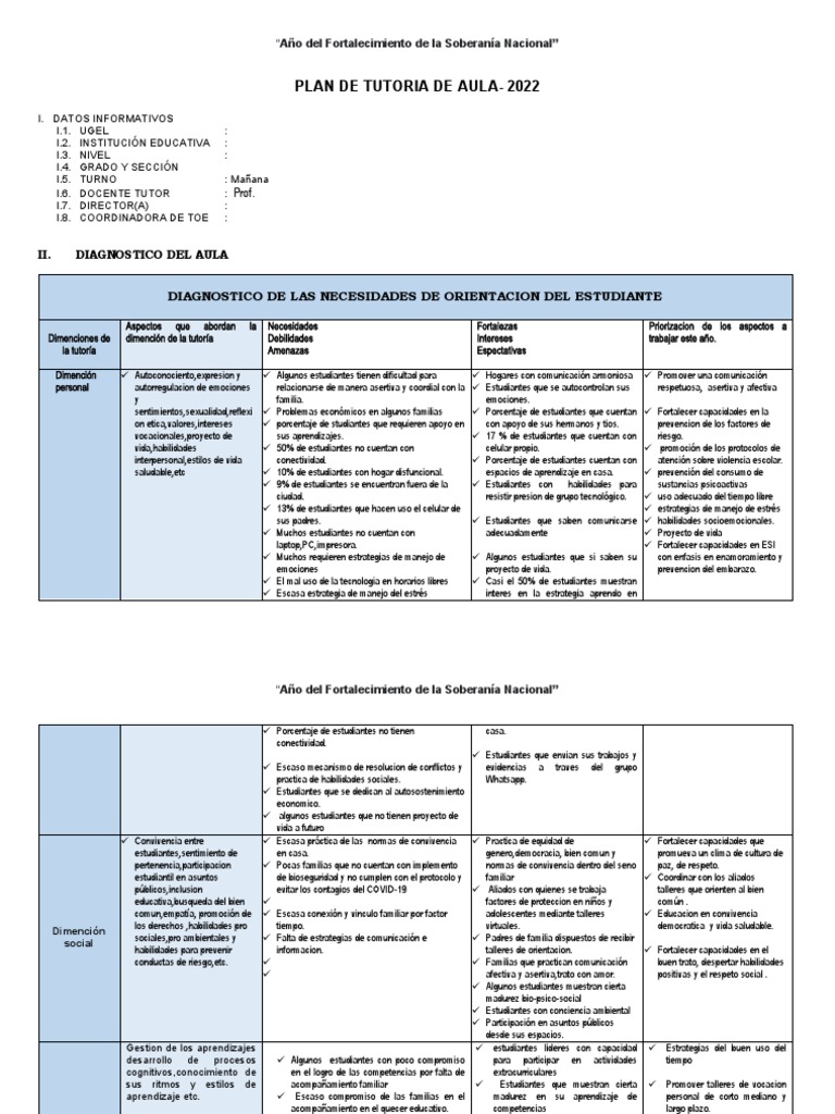Plan de Tutoria de Aula | PDF | Aprendizaje | Salón de clases