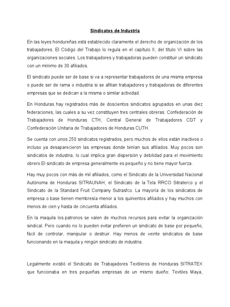 Sindicatos de Industria en Honduras | PDF | Sindicato | Honduras