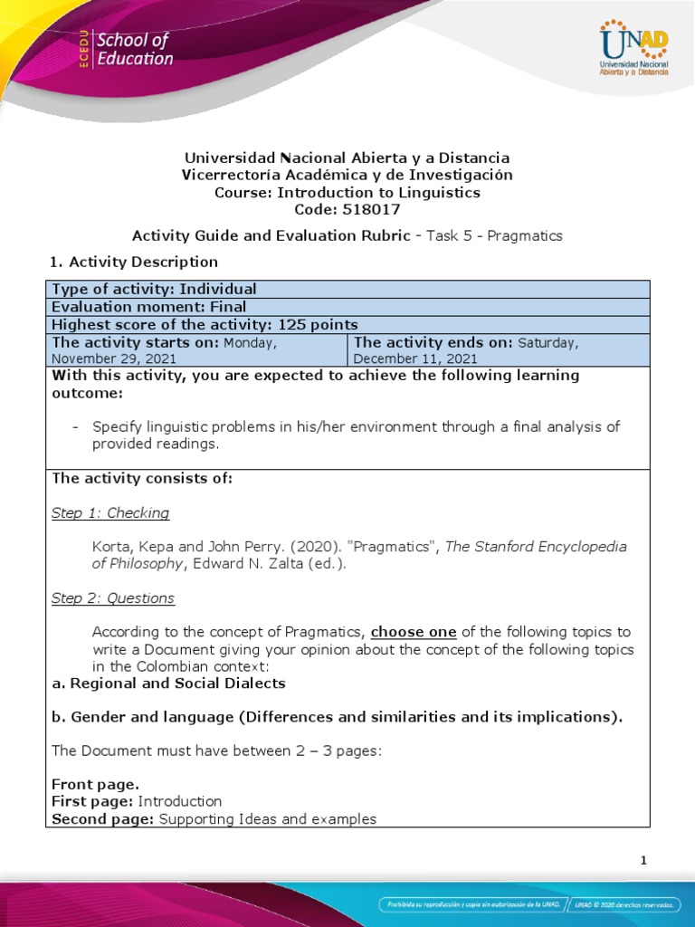 Activity Guide and Evaluation Rubric - Task 5 - Pragmatics | PDF ...