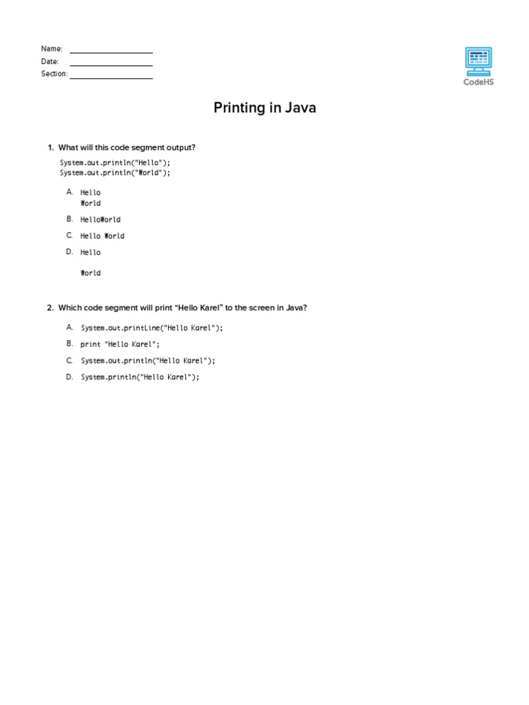 Printing in Java - CodeHS | PDF