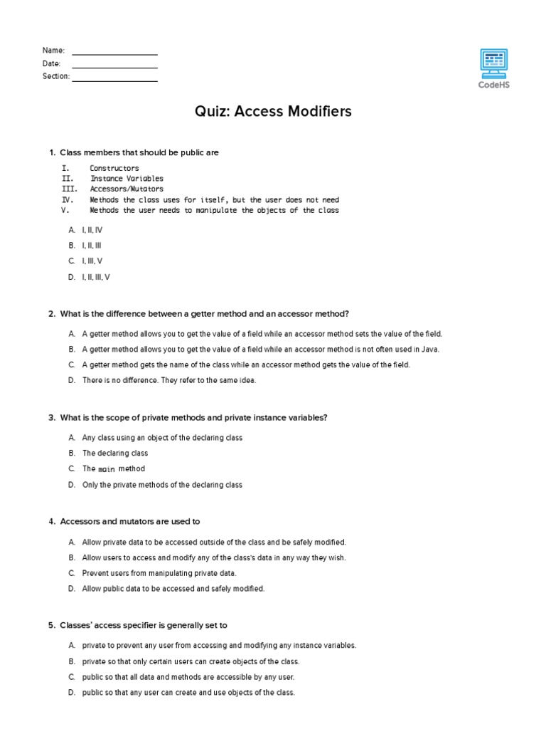 Quiz Access Modifiers CodeHS PDF