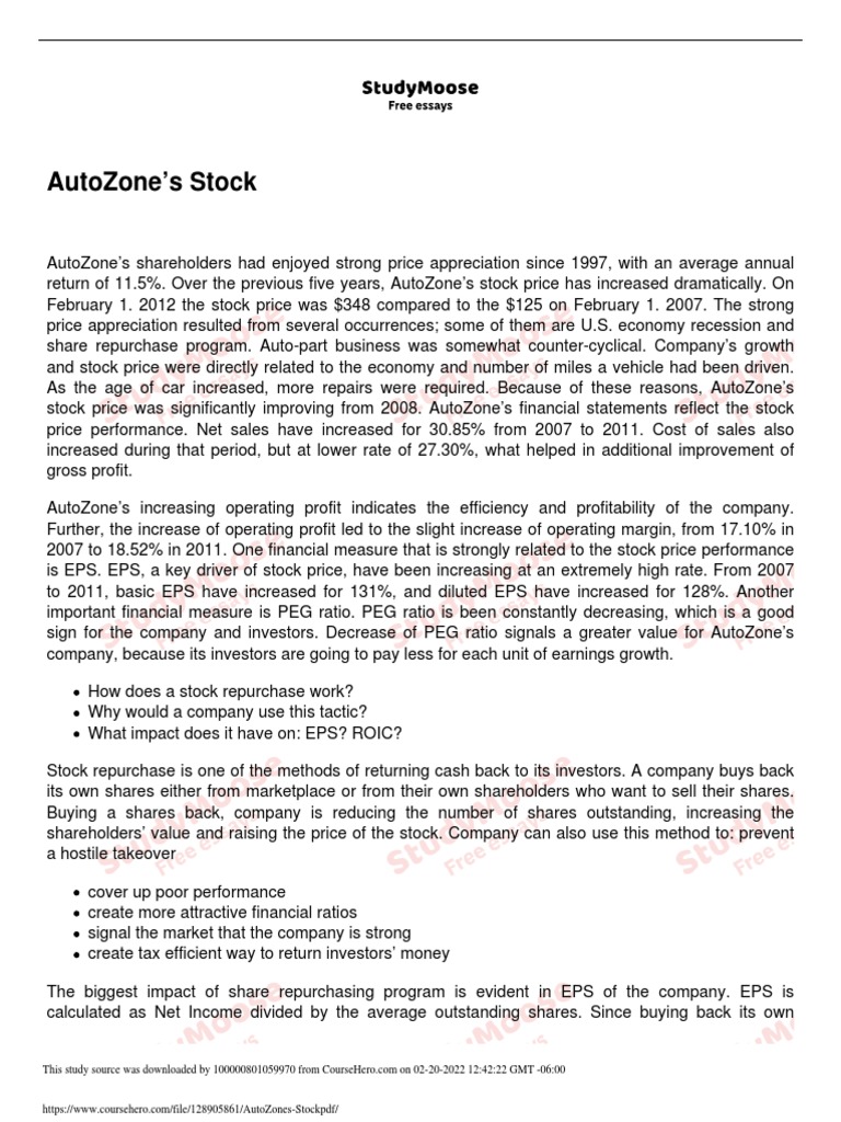 AutoZone S Stock PDF PDF Share Repurchase Stocks