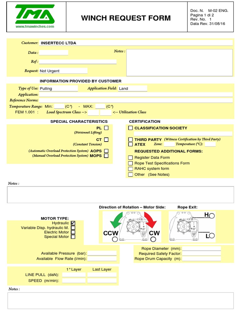 Winch Request Form for Custom Projects | PDF | Equipment | Electricity