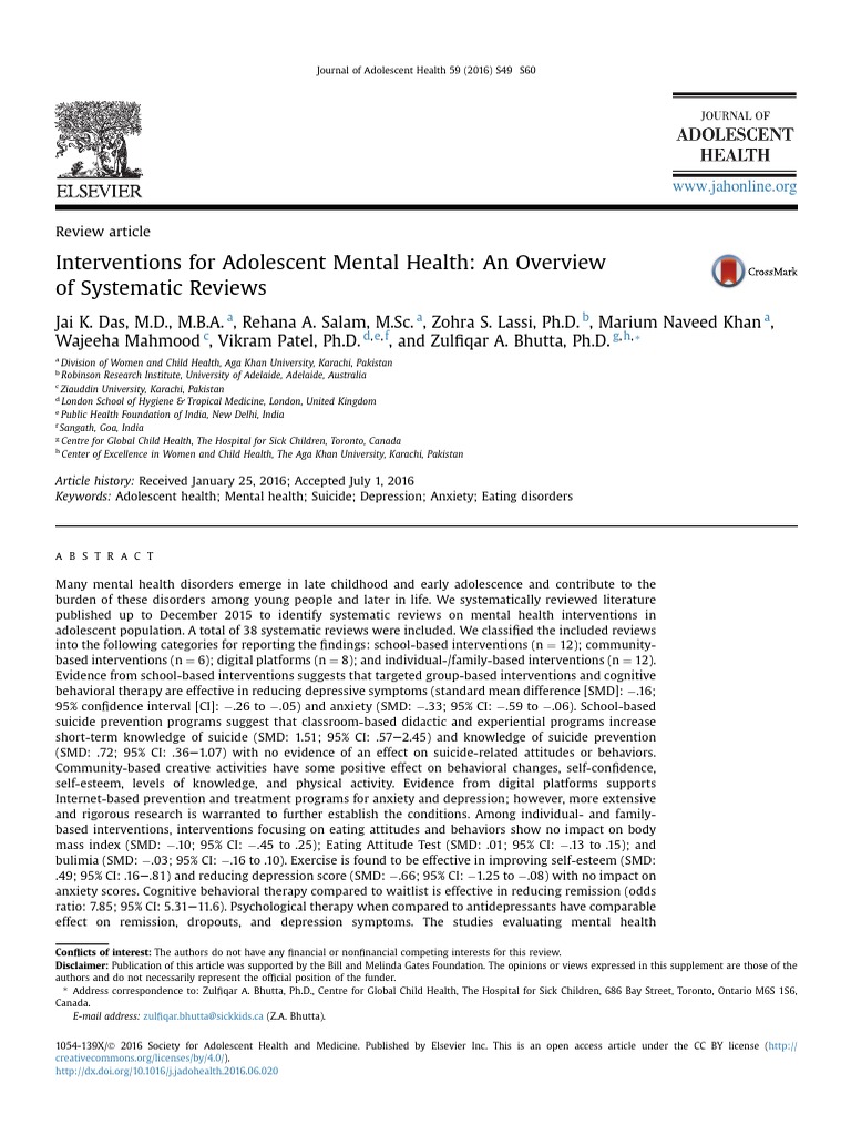 Adolescent Mental Health Interventions Review | PDF | Cognitive ...