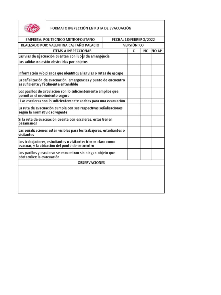 Formato Inspeccion Ruta de Evacuación | PDF