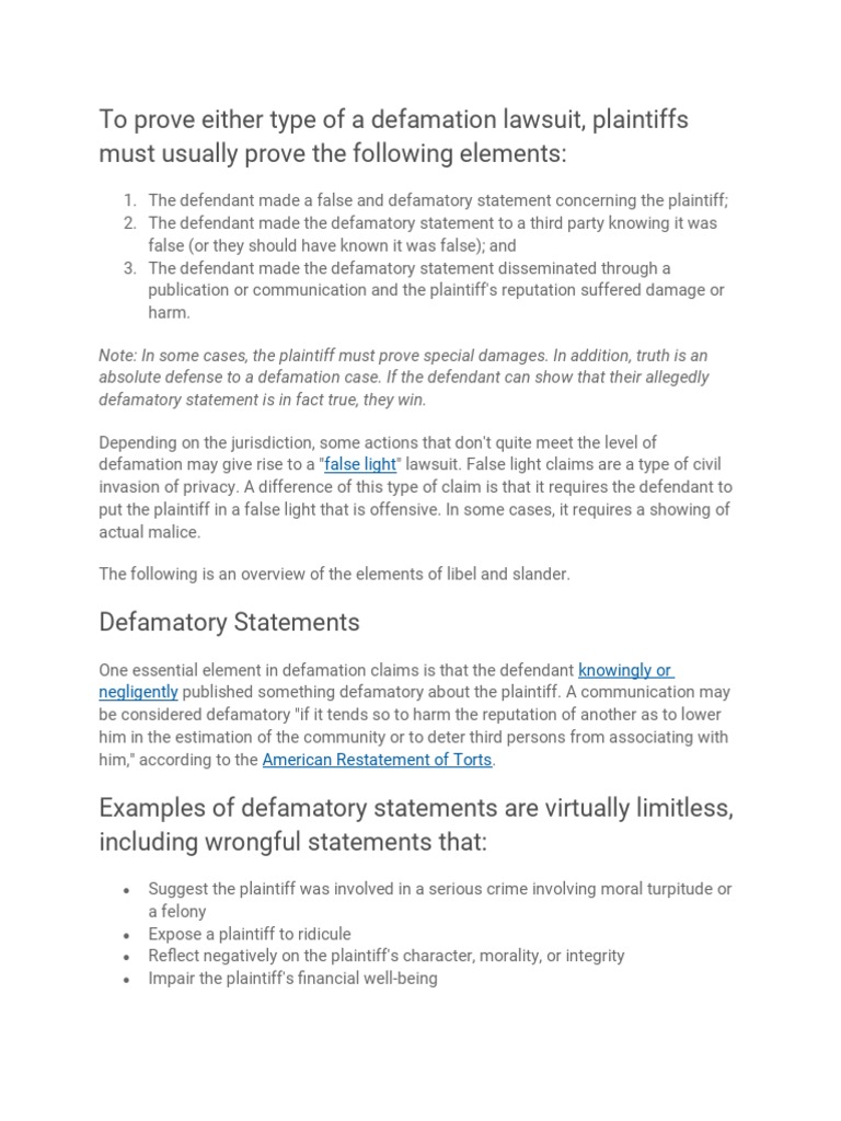 The Elements of Defamation Are As Follows PDF