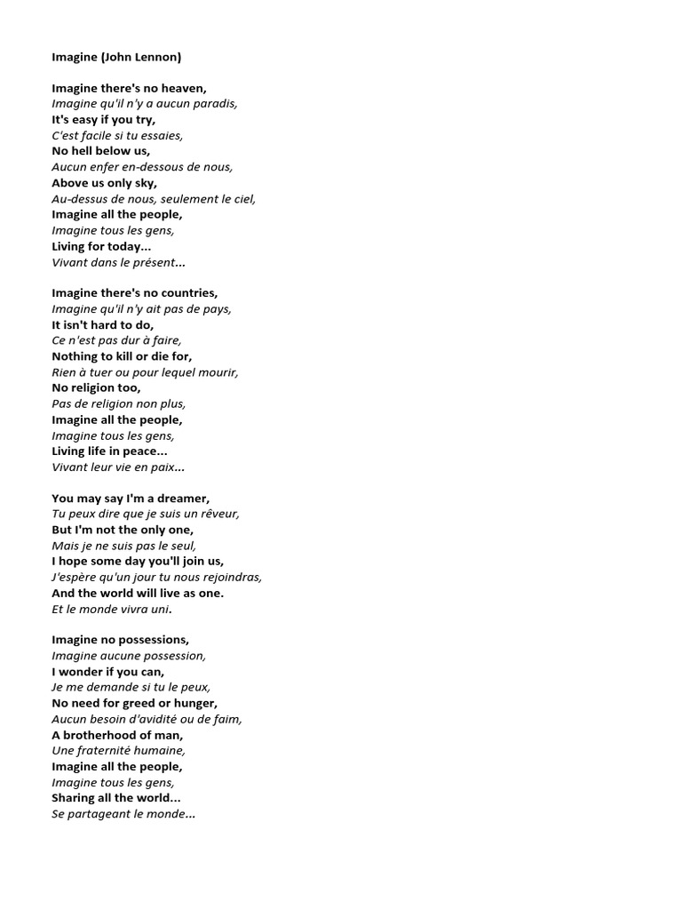 Traduction De Imagine De John Lennon Traduction Imagine | PDF