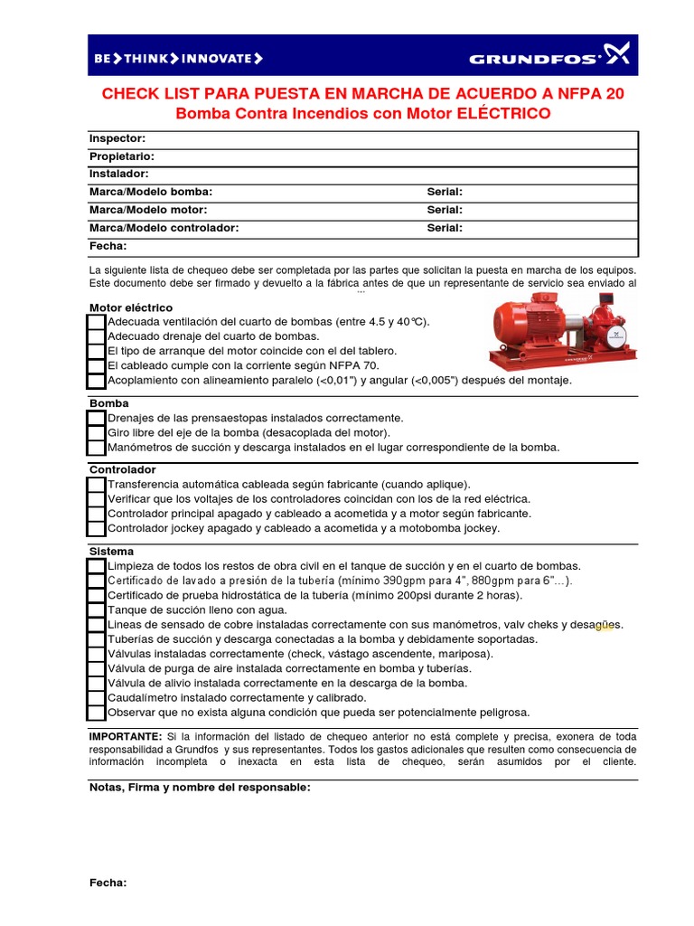 Check list NFPA 20 motor eléctrico | PDF | Bomba | Ingeniería mecánica
