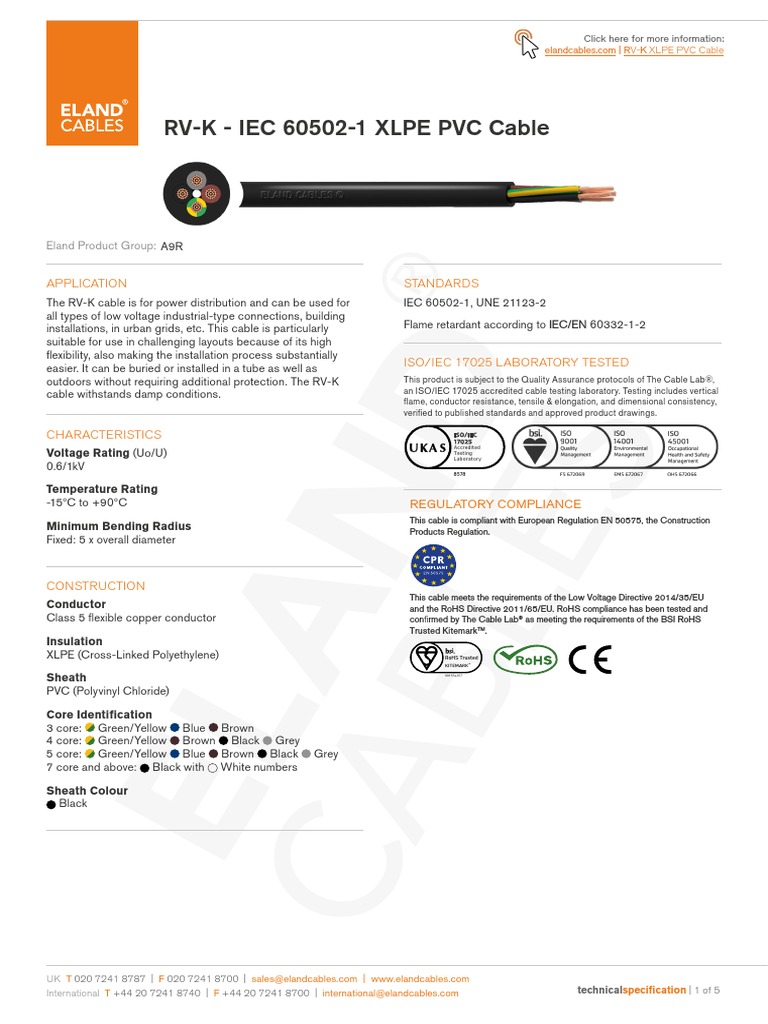RV K Cable | PDF | Polyvinyl Chloride | Electrical Conductor