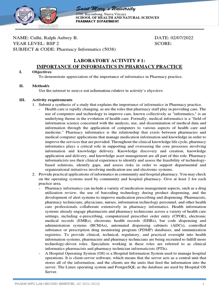 Lab 1 - Pharm Info | PDF | Pharmacy | Health Informatics