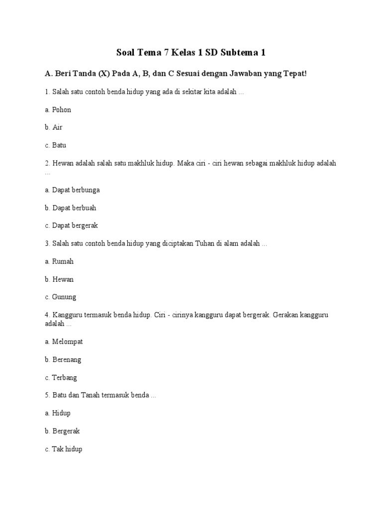 Soal Tema 7 Kelas 1 Sd Subtema 1 Nesabamedia Com Pdf Seni