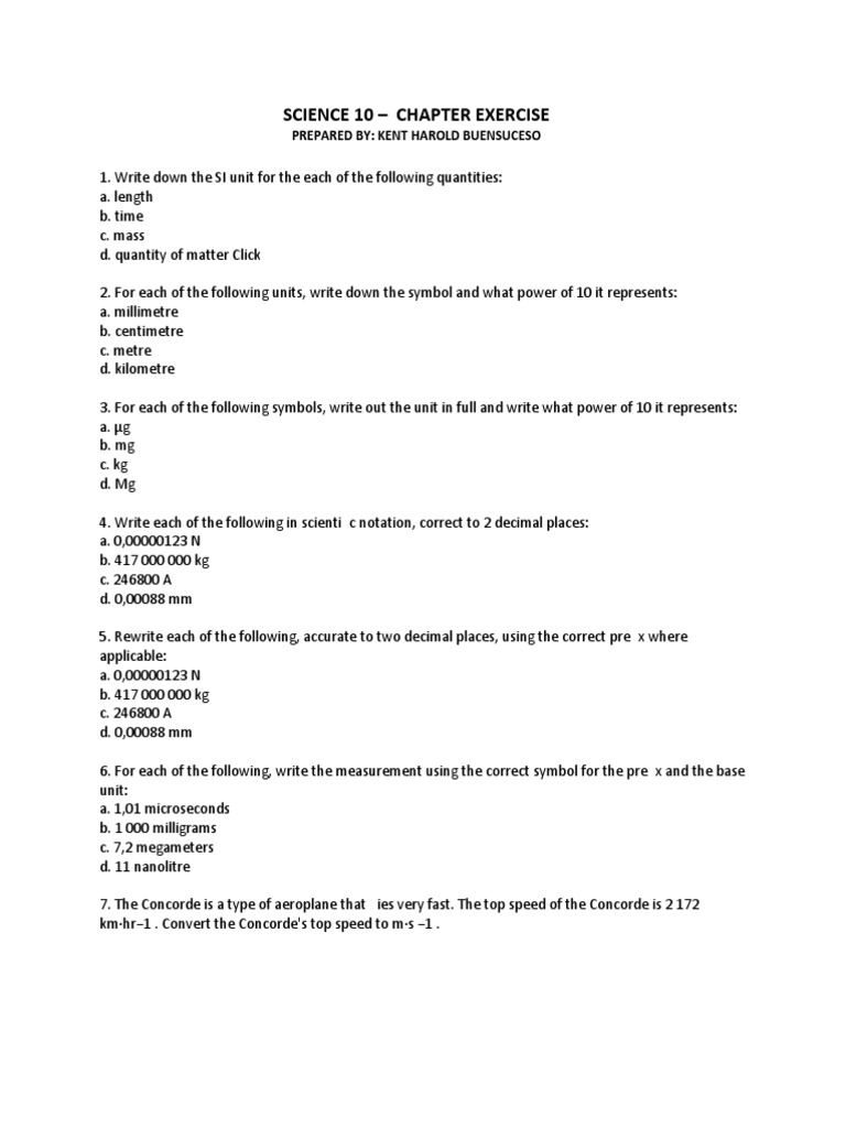 Science 10 - Chapter Exercise: Prepared By: Kent Harold Buensuceso ...